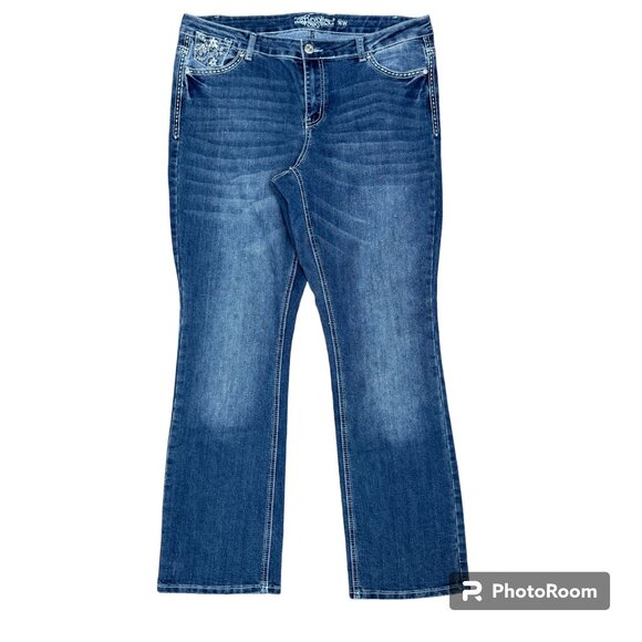 VINTAGE Women's‎ REVOLT Flap Rhinestone Pocket Stretch Jeans Med. Blue- Size 16W - Picture 1 of 9
